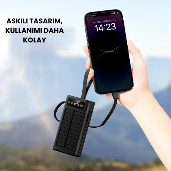 30.000 mAh Güneş Enerjili Powerbank 22.5W Hızlı Şarj, Çoklu USB Çıkış, Dahili Kablo ve Dijital Ekranlı Taşınabilir Şarj Cihazı - 6