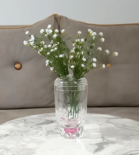 2 ADET VAZO DAHİL,VAZODA ÇİÇEK,BEYAZ YAPAY ÇİÇEK,VAZO DEKORATİF KRİSTAL DAMLALI 6X6X19CM - 2