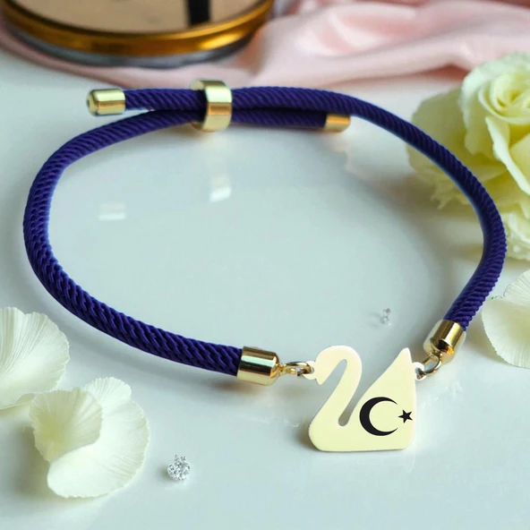 14 Ayar Altın Plakalı Sembole Özel Kuğu Kuşu Motifli Lacivert İpek Örgülü Hediye Bileklik-618 ürün görseli