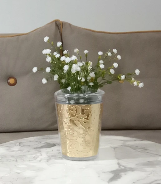 2 ADET VAZO DAHİL,VAZODA ÇİÇEK,BEYAZ YAPAY ÇİÇEK,VAZO DEKORATİF ALTIN YAPRAK 9X9X17CM - 2