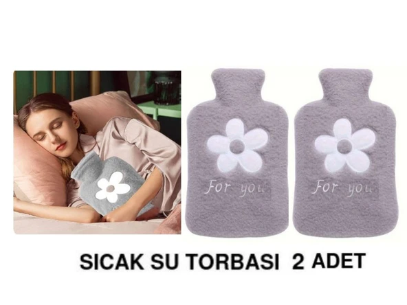 2 ADET SICAK SU TORBASI PELUŞ PAPATYA DESENLİ GRİ  21x13,5x2cm 500 ml - 1