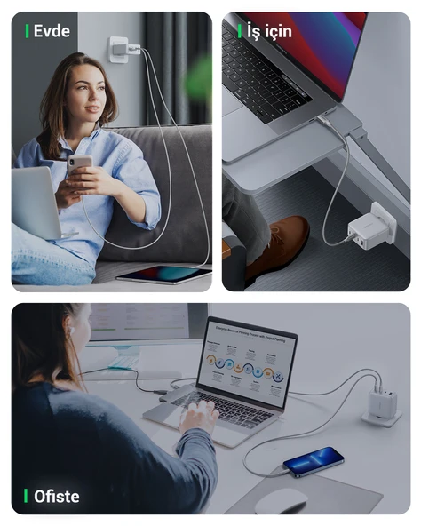 UGREEN Nexode GaN X 100W Hızlı Şarj Cihazı 4 Portlu PD QC 3xUSB-C, 1xUSB-A, Beyaz, 15337 - Resim 11