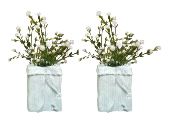 2 ADET VAZO DAHİL,VAZODA ÇİÇEK,BEYAZ YAPAY ÇİÇEK,VAZO DEKORATİF POLİRESİN 7X7X17CM
