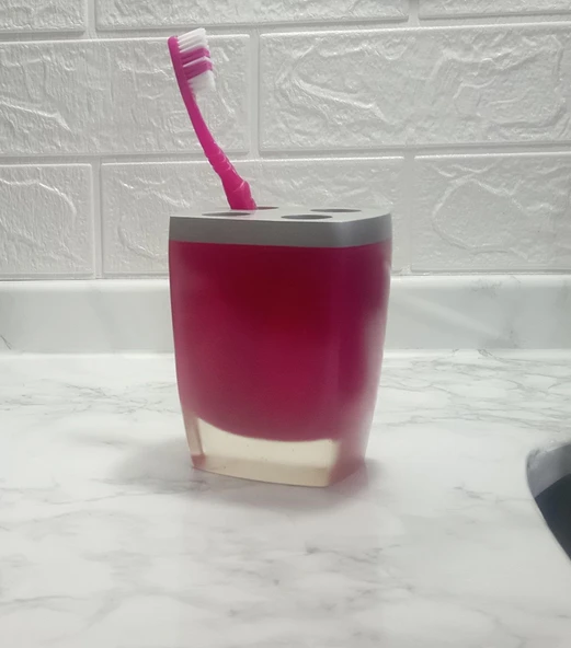 2 ADET DİŞ FIRÇALIK GRİ PEMBE POLİRESİN 8X4X11CM BANYO SETİ - Resim 2