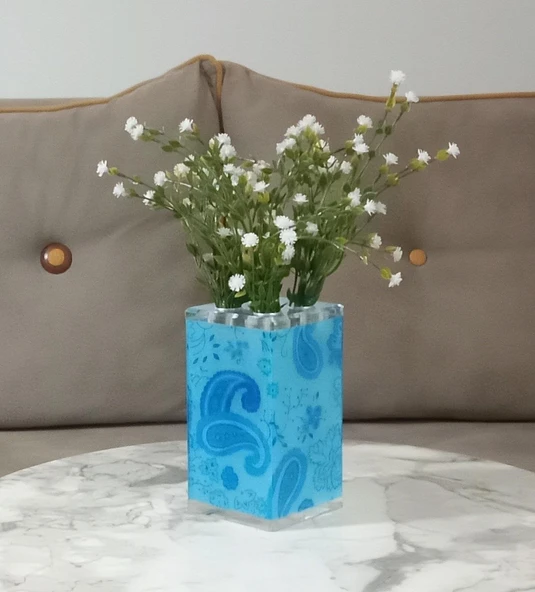 2 ADET VAZO DAHİL,VAZODA ÇİÇEK,BEYAZ YAPAY ÇİÇEK,VAZO DEKORATİF MAVİ  7X7X17CM - 2