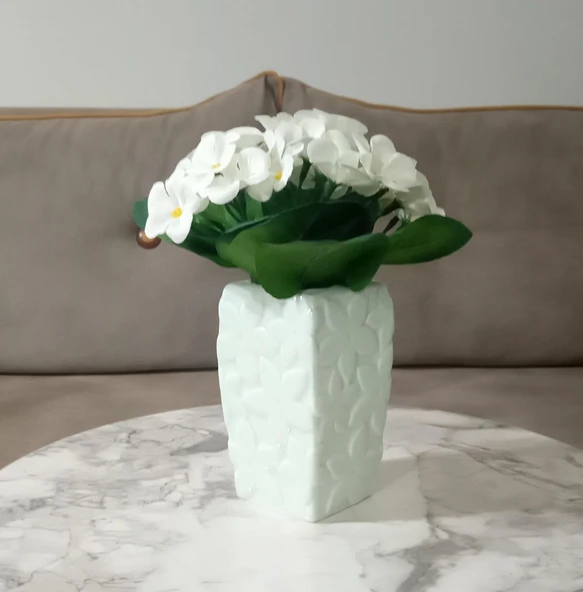 2 ADET VAZO DAHİL,VAZODA ÇİÇEK,BEYAZ YAPAY ÇİÇEK,VAZO DEKORATİF ÇİÇEKLİ SU YEŞİLİ 7X7X17CM - 2