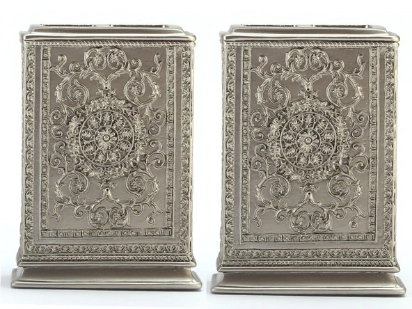 2 ADET DİŞ FIRÇALIK DEKORATİF İŞLEMELİ GÜMÜŞ POLİRESİN 8X6X11CM - Resim 3
