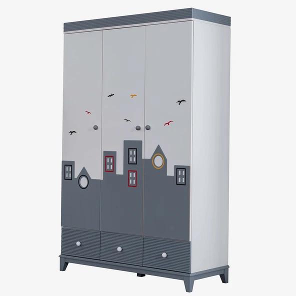 Montessori Çocuk Odası - City Montessori 3 Kapılı Dolap, Yavrulu Karyola - Gri - 3