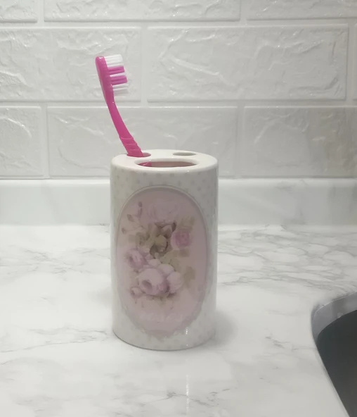 2 ADET SERAMİK DİŞ FIRÇALIK BAHAR DESENLİ 7X7X11CM BANYO SETİ - 2