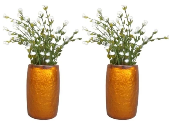 2 ADET VAZO DAHİL,VAZODA ÇİÇEK,BEYAZ YAPAY ÇİÇEK,VAZO DEKORATİF ALTIN RENKLİ POLİRESİN  5X5X12CM