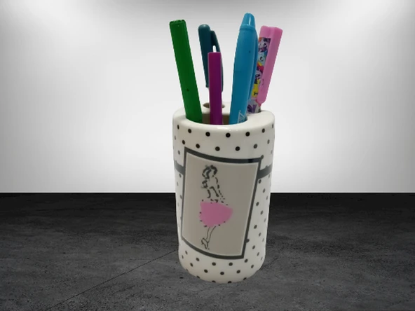 2 ADET KALEMLİK PEMBE ELBİSELİ KADIN MODEL SERAMİK OFİS GERECİ 7X7X11CM - 3