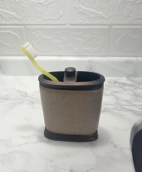 2 ADET DİŞ FIRÇALIK BRONZ KUMLU POLİRESİN 10X12X5CM BANYO SETİ - 2