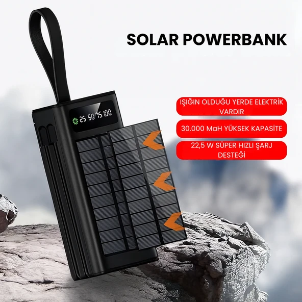 30.000 mAh Güneş Enerjili Powerbank  22.5W Hızlı Şarj, Çoklu USB Çıkış, Dahili Kablo ve Dijital Ekranlı Taşınabilir Şarj Cihazı - 2