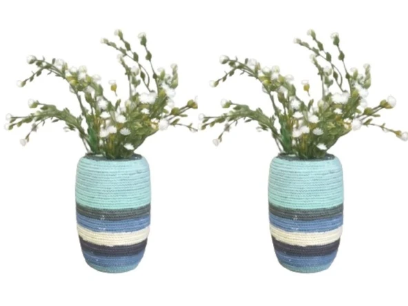 2 ADET VAZO DAHİL,VAZODA ÇİÇEK,BEYAZ YAPAY ÇİÇEK,VAZO DEKORATİF MAVİ ÖRGÜ POLİRESİN 7X7X16CM