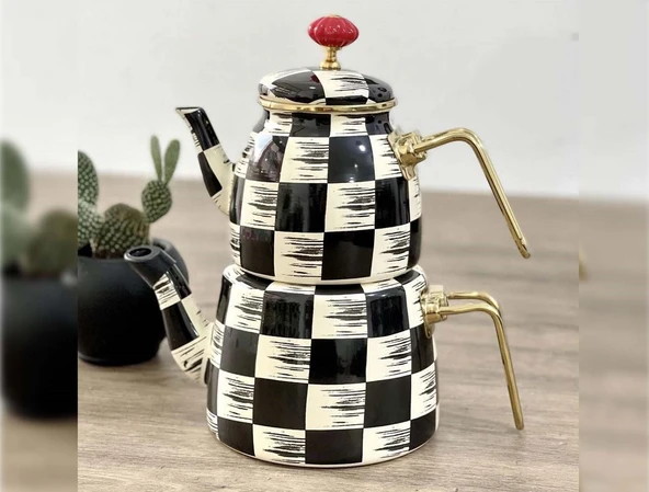 Kenzo Qualita King Alt Üst Emaye Çaydanlık Takımı Dama Dekor - 3