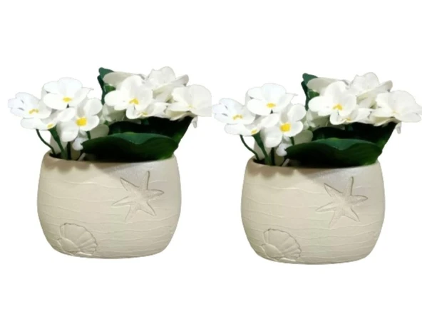2 ADET VAZO DAHİL,VAZODA ÇİÇEK,BEYAZ YAPAY ÇİÇEK,VAZO DEKORATİF İSTİRİDYE POLİRESİN 10X5X14CM