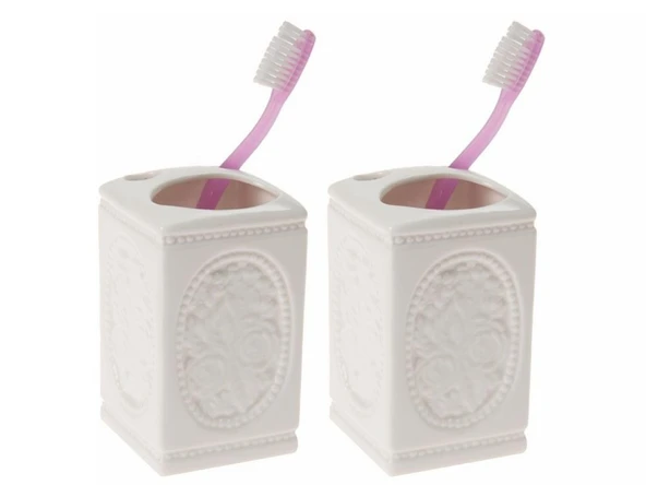 2 ADET SERAMİK DİŞ FIRÇALIK ÇİÇEKLİ KARE MODEL 8X8X11CM BANYO SETİ ürün görseli