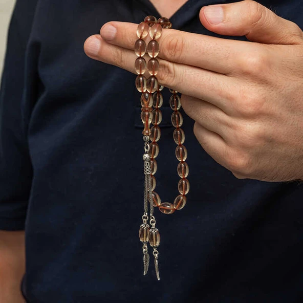 Gümüş Püsküllü Ateş Kehribar Tesbih - 3