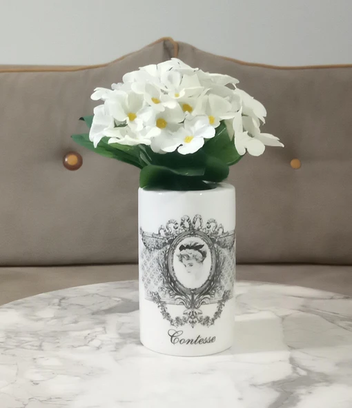 2 ADET VAZO DAHİL,VAZODA ÇİÇEK,BEYAZ YAPAY ÇİÇEK,VAZO DEKORATİF KRALİÇE MODEL 7X7X16CM - 2