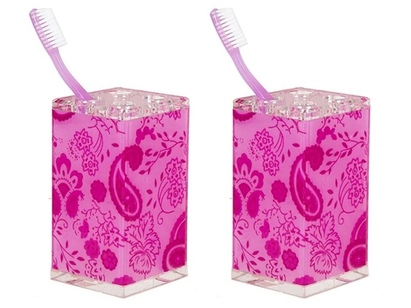 2 ADET DİŞ FIRÇALIK PEMBE ÇİÇEKLİ AKRİLİK 6X6X12CM BANYO SETİ ürün görseli