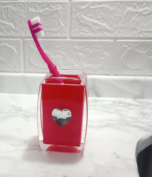 2 ADET DİŞ FIRÇALIK KRİSTAL TAŞLI KIRMIZI KALPLİ AKRİLİK 6X6X11CM BANYO SETİ - 2