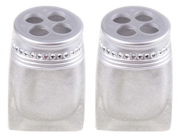 2 ADET DİŞ FIRÇALIK KRİSTAL TAŞLI GÜMÜŞ POLİRESİN 7X7X10CM BANYO SETİ - Resim 3