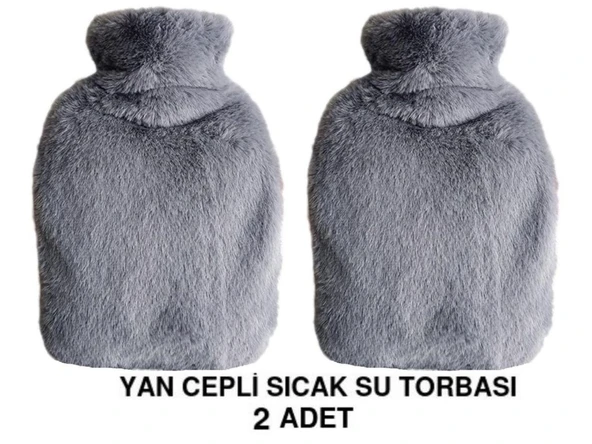 2 ADET SICAK SU TORBASI YAN CEPLİ GRİ  PELUŞ TERMOFOR 27x17x2cm  1 LİTRE - Resim 3