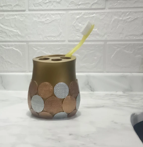 2 ADET DİŞ FIRÇALIK ALTIN PUANLI POLİRESİN 9X9X10CM BANYO SETİ - 2