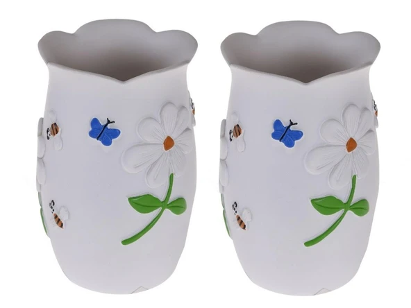 2 ADET DİŞ FIRÇALIK,MACUNLUK ÇİÇEKLİ POLİRESİN  7x7x10cm BANYO SETİ - Resim 3