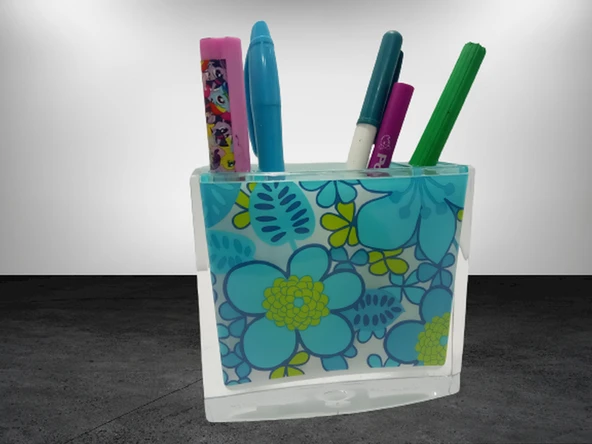 2 ADET KALEMLİK MAVİ ÇİÇEKLİ AKRİLİK OFİS GERECİ 10X10X3CM - 3