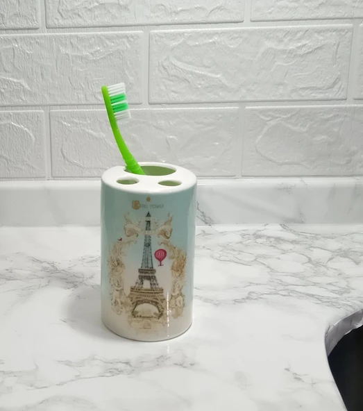 2 ADET SERAMİK DİŞ FIRÇALIK ROMANTİK YEŞİL MODEL 7X7X11CM BANYO SETİ - Resim 2