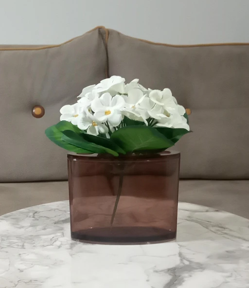 2 ADET VAZO DAHİL,VAZODA ÇİÇEK,BEYAZ YAPAY ÇİÇEK,VAZO DEKORATİF  OVAL KAHVERENGİ 13X5X15CM - 2
