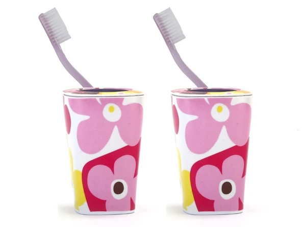 2 ADET DİŞ FIRÇALIK KIRMIZI PAPATYA MELAMİN 7X7X11CM BANYO SETİ