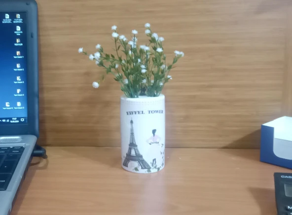 2 ADET VAZO DAHİL,VAZODA ÇİÇEK,BEYAZ YAPAY ÇİÇEK,VAZO DEKORATİF  EYFEL KULESİ 7X7X16CM - 3