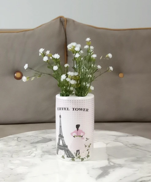 2 ADET VAZO DAHİL,VAZODA ÇİÇEK,BEYAZ YAPAY ÇİÇEK,VAZO DEKORATİF  EYFEL KULESİ 7X7X16CM - 2