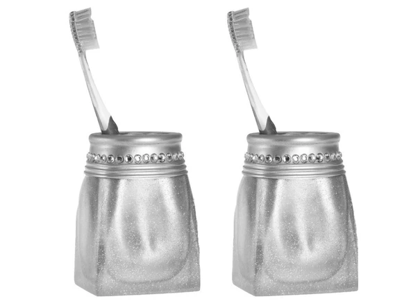 2 ADET DİŞ FIRÇALIK KRİSTAL TAŞLI GÜMÜŞ POLİRESİN 7X7X10CM BANYO SETİ ürün görseli