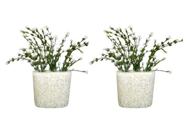 2 ADET VAZO DAHİL,VAZODA ÇİÇEK,BEYAZ YAPAY ÇİÇEK,VAZO DEKORATİF DENİZ TAŞI EL YAPIMI 10X5X14CM