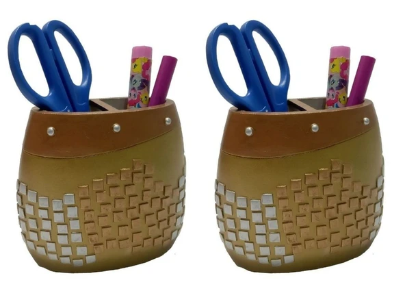 2 ADET KALEMLİK ALTIN MOZAİK POLİRESİN OFİS GERECİ 10X10X5CM