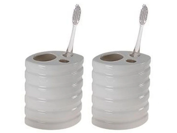 2 ADET SERAMİK DİŞ FIRÇALIK OVAL ÇİZGİLİ MODEL 9X6X11CM BANYO SETİ