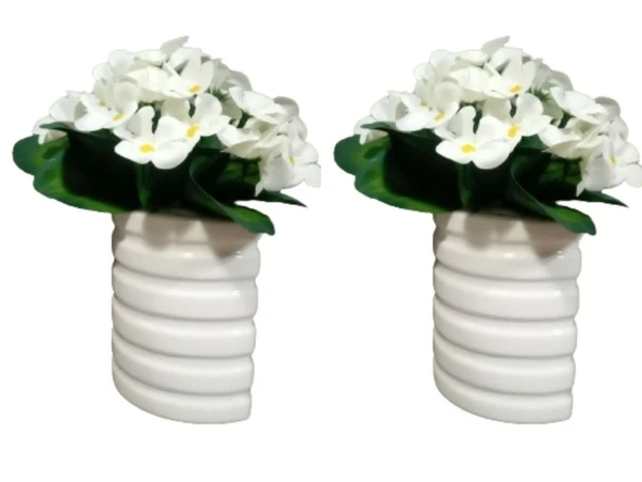 2 ADET VAZO DAHİL,VAZODA ÇİÇEK,BEYAZ YAPAY ÇİÇEK,VAZO DEKORATİF OVAL ÇİZGİLİ 9X6X16CM