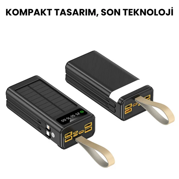 30.000 mAh Güneş Enerjili Powerbank 22.5W Hızlı Şarj, Çoklu USB Çıkış, Dahili Kablo ve Dijital Ekranlı Taşınabilir Şarj Cihazı - 5