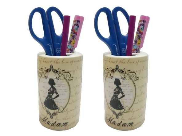 2 ADET KALEMLİK MADAM DESENLİ SERAMİK OFİS GERECİ 7X7X11CM