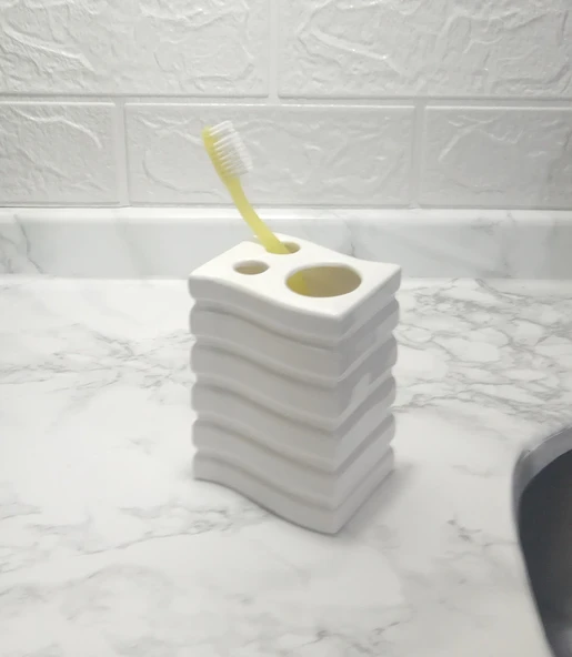 2 ADET SERAMİK DİŞ FIRÇALIK KARE ÇİZGİLİ MODEL 8X6X11CM BANYO SETİ - Resim 2