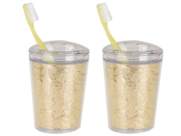 2 ADET DİŞ FIRÇALIK ALTIN YAPRAK AKRİLİK  9X9X12CM BANYO SETİ ürün görseli