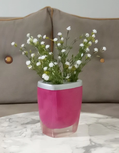 2 ADET VAZO DAHİL,VAZODA ÇİÇEK,BEYAZ YAPAY ÇİÇEK,VAZO DEKORATİF GRİ PEMBE POLİRESİN 8X4X16CM - 2