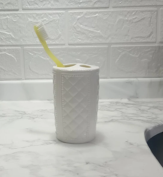 2 ADET SERAMİK DİŞ FIRÇALIK BAKLAVA DESENLİ 6X6X11CM BANYO SETİ - 2