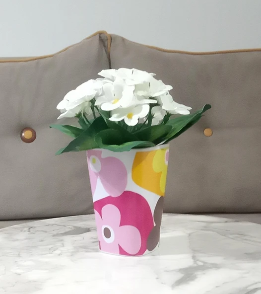 2 ADET VAZO DAHİL,VAZODA ÇİÇEK,BEYAZ YAPAY ÇİÇEK,VAZO DEKORATİF KIRMIZI PAPATYA  7X7X16CM - 2