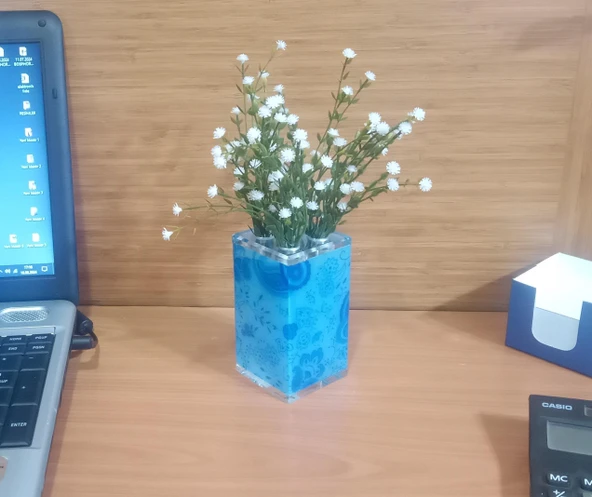 2 ADET VAZO DAHİL,VAZODA ÇİÇEK,BEYAZ YAPAY ÇİÇEK,VAZO DEKORATİF MAVİ  7X7X17CM - 3