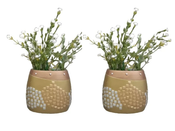 2 ADET VAZO DAHİL,VAZODA ÇİÇEK,BEYAZ YAPAY ÇİÇEK,VAZO DEKORATİF ALTIN MOZAİK POLİRESİN 10X15X5CM