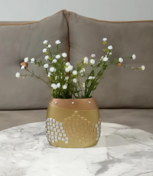 2 ADET VAZO DAHİL,VAZODA ÇİÇEK,BEYAZ YAPAY ÇİÇEK,VAZO DEKORATİF ALTIN MOZAİK POLİRESİN 10X15X5CM - 2